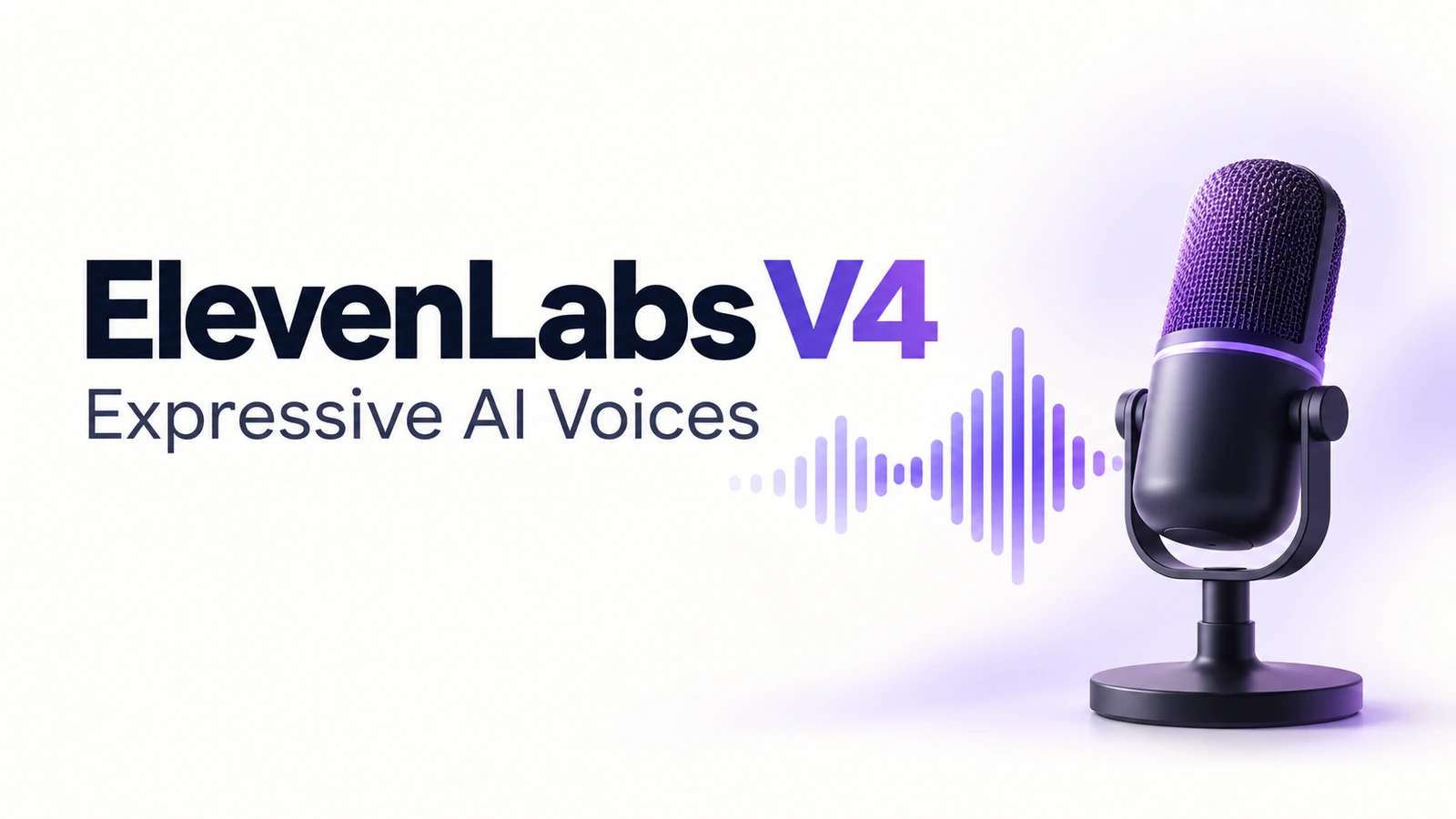 ElevenLabs V4 expressive AI voices with a microphone and purple audio waveform